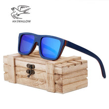 Load image into Gallery viewer, AN SWALLOW Skateboard Wooden Sunglasses Blue Frame With Coating Mirrored Bamboo Sunglasses UV 400 Protection Lenses in Wooden