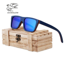 Load image into Gallery viewer, AN SWALLOW Skateboard Wooden Sunglasses Blue Frame With Coating Mirrored Bamboo Sunglasses UV 400 Protection Lenses in Wooden
